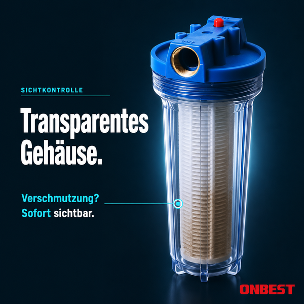 Infografik zur einfachen Wartung des Onbest Wasserfilters: Gehäuse öffnen, Filterkartusche auswaschen und wieder einsetzen. Onbest Logo.