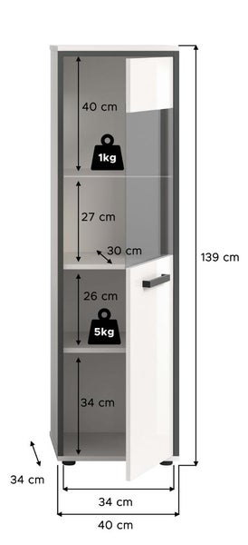 Badschrank mit Maßen: Höhe 139 Zentimeter, Breite 40 Zentimeter, Tiefe 34 Zentimeter. Innenmaße und Traglasten der Fächer sind angegeben.