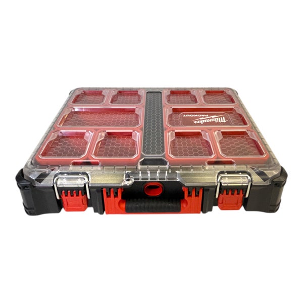 Milwaukee Packout Slim Organizer mit transparentem Deckel, mehreren Innenfächern und Tragegriff.