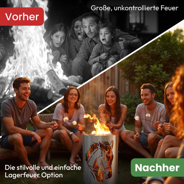 Vorher Nachher Vergleich: Oben eine Familie vor einem unkontrollierten Lagerfeuer, unten eine Gruppe von Freunden um eine Feuertonne mit Pferde-Motiv.