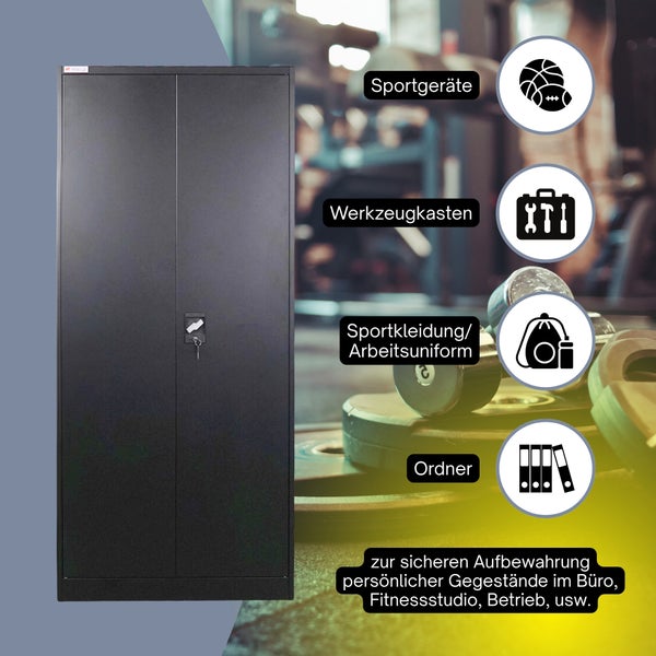 Abschließbarer dunkelgrauer zweitüriger Metallschrank zur Aufbewahrung von Sportgeräten, Werkzeug, Uniformen und Aktenordnern.
