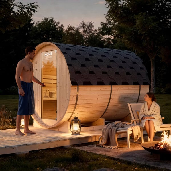 Fasssauna von Home Deluxe im Garten mit Mann und Frau bei einer Feuerschale auf einer Holzterrasse in der Abenddämmerung.