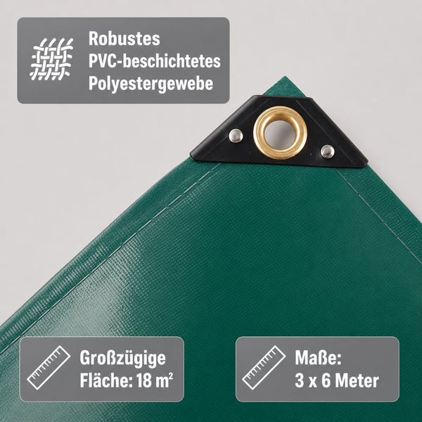 Robuste Abdeckplane aus PVC beschichtetem Polyestergewebe mit Metallöse, Maße 3 x 6 Meter, Fläche 18 Quadratmeter.