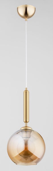 Moderne Pendelleuchte mit kugelformigem Glasschirm und Elementen aus Metall in Messingoptik