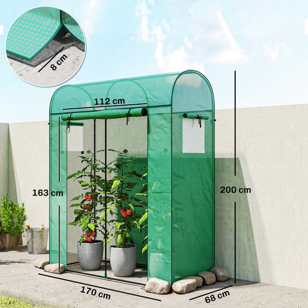 Tomatengewächshaus aus Gitterfolie mit Maßangaben: 170 Zentimeter Länge, 68 Zentimeter Breite und 200 Zentimeter Höhe.