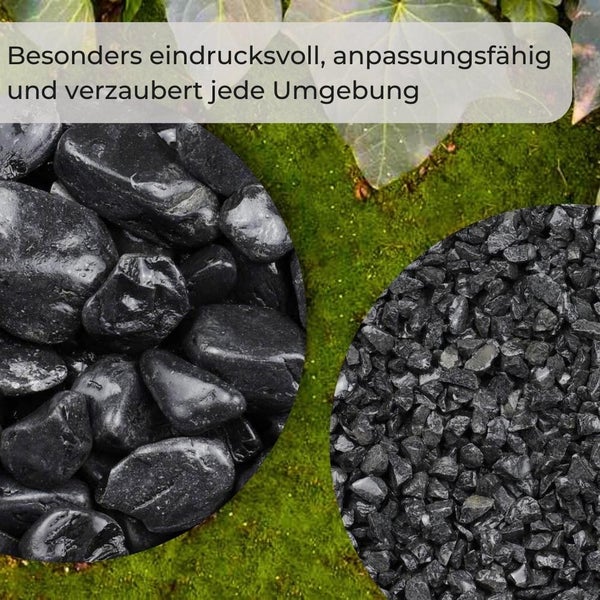 Nahaufnahme von schwarzen Zierkieseln und Splitt auf Grünfläche