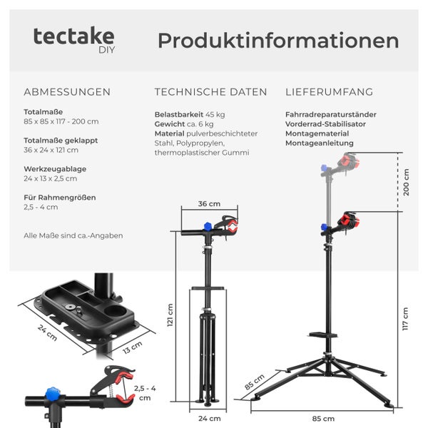 Fahrradmontageständer tectake  inklusive Werkzeugablage klappbar, für alle gängigen Modelle schwarz