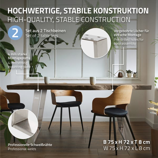 ML-Design 2er Set Tischkufen 80GRAD Neigung, 75x72 cm, Silber, Profil 8x2 cm, Schräge Tischbeine, Metall Möbelkufen, Tischgestell Stahl geneigt, Tischuntergestell Möbelfüße für Esstisch/Schreibtisch