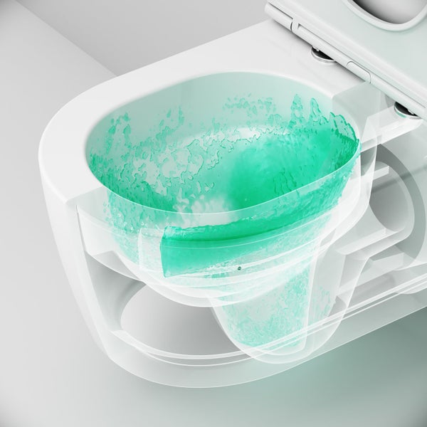 Wand-WC mit spülrandloser Spültechnik im Querschnitt, Darstellung des Wasserflusses im Becken.