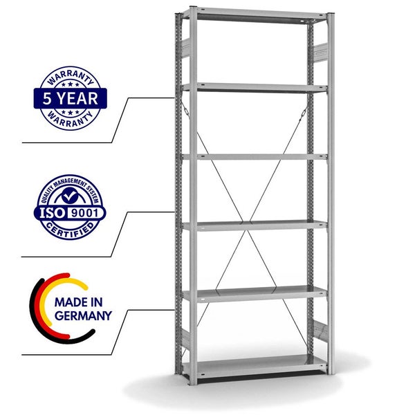 PROREGAL Fachbodenregal Stecksystem T-Profil Light-Duty Grundregal HxBxT 250 x 100 x 30 cm 6 Ebenen Fachlast 150 kg Einseitig Nutzbar Verzinkt