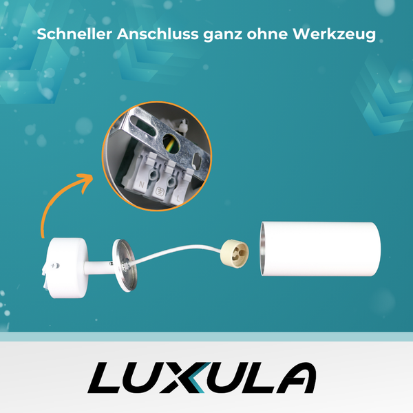 Abgebildete Lampeninstallation mit Text Schneller Anschluss ganz ohne Werkzeug