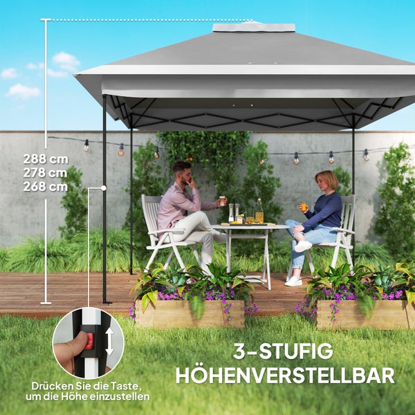 Gartenpavillon mit drei Höhenstufen, Personen auf Terrasse, Höhe 268 bis 288 Zentimeter und Knopf zur Höhenverstellung.