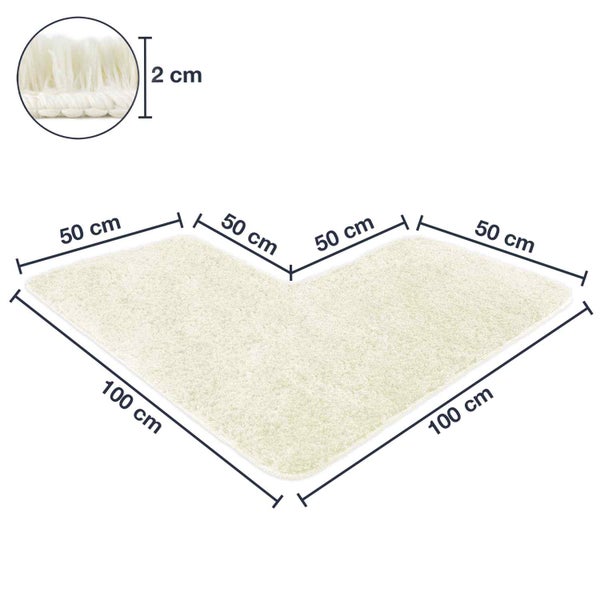 Illustration eines hellen Eckbadezimmerteppichs mit Maßangaben