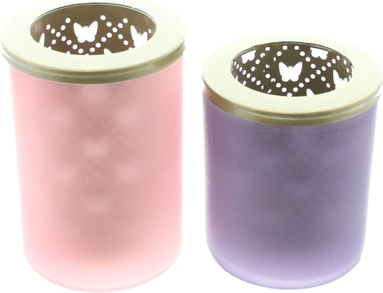 Dekoleidenschaft 2x Teelichthalter Schmetterling aus Glas, Violett & Rosa, 12 + 14 cm hoch, Windlichtglas, Teelichtglas