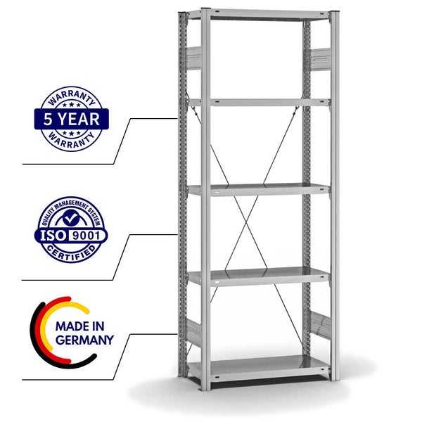 PROREGAL Fachbodenregal Stecksystem T-Profil Medium-Duty Grundregal HxBxT 200 x 75 x 30 cm 5 Ebenen Fachlast 220 kg Einseitig Nutzbar Verzinkt