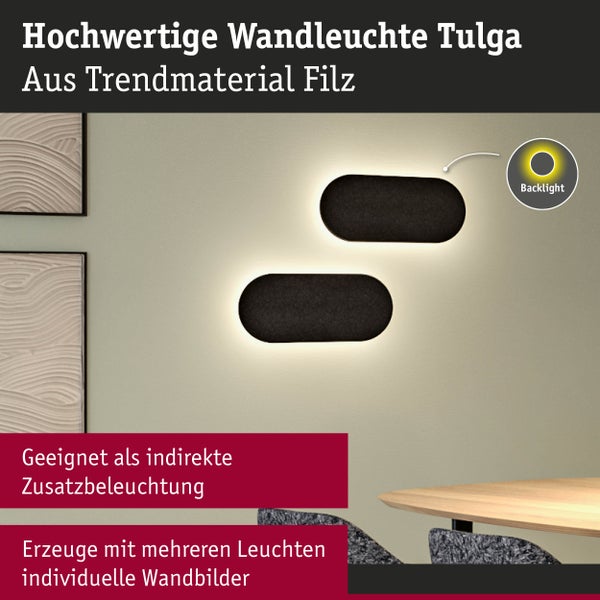 Wandleuchte Tulga aus Filz mit indirekter Hintergrundbeleuchtung, zwei ovale Leuchten an einer Wand montiert.