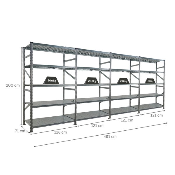 Metallregal mit vier Ebenen und einer Traglast von 200 Kilogramm pro Ebene, Abmessungen 491 x 200 x 71 Zentimeter