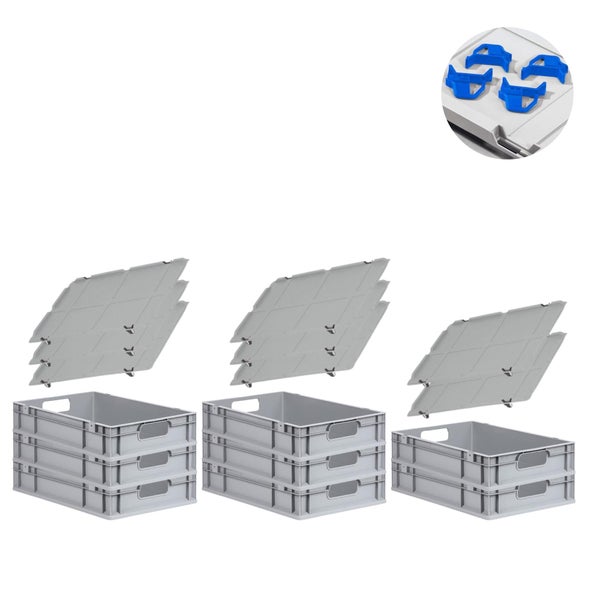 PROREGAL Spar Set 8x Eurobox Nextgen Economy Mit Auflagedeckel & 4x Schiebeschnappverschlüsse Blau Griffe Offen HxBxT 12 x 40 x 60 cm 23 Liter