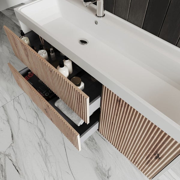 120cm Badezimmermöbel in Holzoptik Eiche mit Led Lichtspiegel mit touch Sensor | Cortina