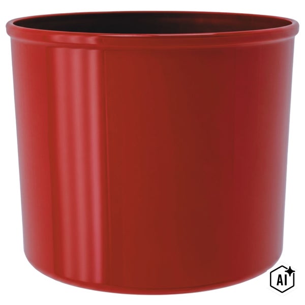 Zylindrischer, roter Übertopf aus Kunststoff mit glänzender Oberfläche.