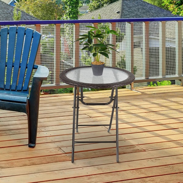 Outsunny Gartentisch, Runder Klapptisch, Ø68 cm Campingtisch, Beistelltisch, Garten-Esstisch mit Rattandekor, für Balkon, Terrasse, Stahl, Braun