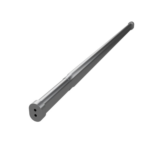 Ein einzelnes, schmales Metallrohr für Vorhangstangen mit abgerundeten Endstücken und zwei Bohrungen zur Befestigung.