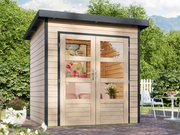 Gartenhaus aus Holz in Natur und Anthrazit mit Pultdach und Doppeltür. Breite 200,5 Zentimeter, Tiefe 200,5 Zentimeter, Höhe 219 Zentimeter.
