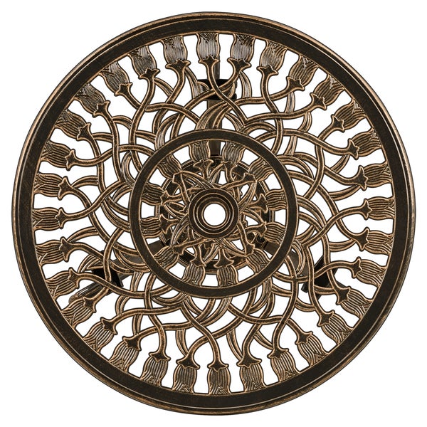 Draufsicht auf einen runden Gartentisch aus Aluminiumguss mit floralem Muster und Schirmloch.