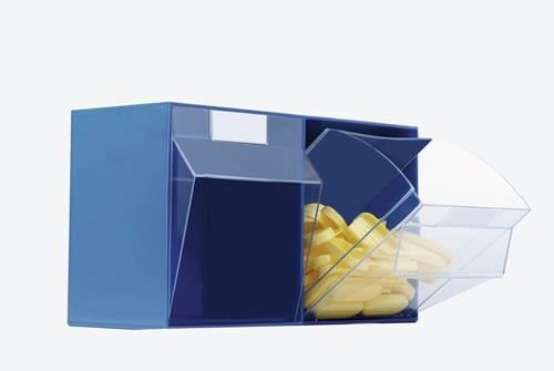 Blauer Spender für Kleinmaterial mit durchsichtigen Klappfächern