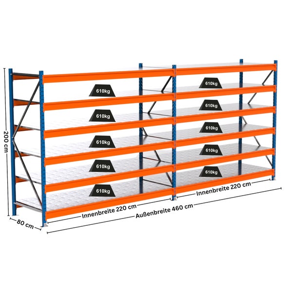Lagersystem mit Regalen, Last je Regalboden 610 Kilogramm