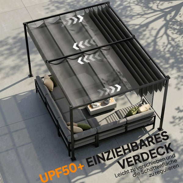 Moderne Pergola aus Metall mit einziehbarem Stoffdach mit Sonnenschutz 50 plus über einem Loungebereich auf einer Terrasse.