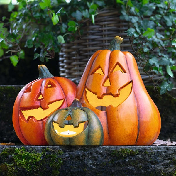 Drei dekorative Halloween-Kürbisse mit geschnitzten Gesichtern