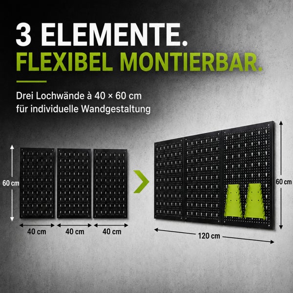 Drei Lochwände zur individuellen Werkzeugaufbewahrung mit Gesamtmaß 120 mal 60 Zentimeter, bestehend aus drei Elementen je 40 mal 60 Zentimeter.