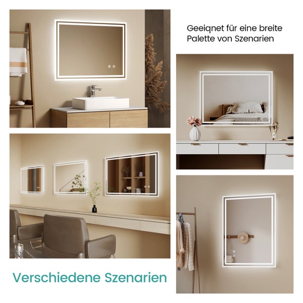 EMKE Badspiegel mit LED-Beleuchtung 100 x 60 cm, Kaltweiß 6500K, Touchschalter & Beschlagfrei, dimmbar, IP44, für Bad