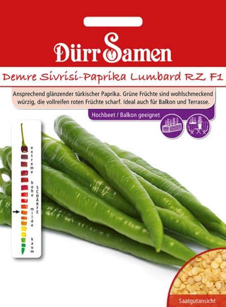 Samentüte für Demre Sivrisi-Paprika Lumbard RZ F1 mit Dürr Samen Logo, grünen Paprikaschoten, Samen, Schärfeskala und Eignung für Hochbeete.