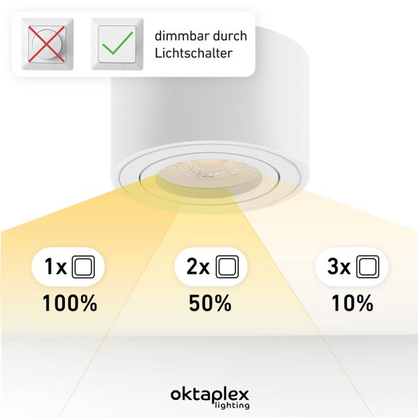 6 Stück Aufbauspot Lile Weiß LED Modul 3-stufig dimmbar 4,8W 230V 2700K Warmweiß Aufputz Alu schwenkbar perfekt für jeden Raum