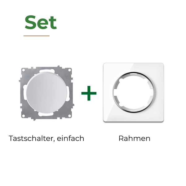 Set bestehend aus einem einfachen Tastschalter und einem passenden Rahmen zur Installation.