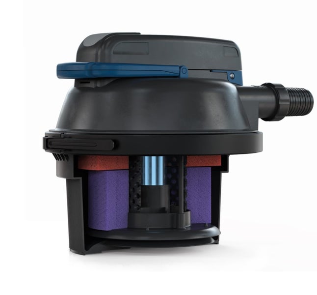 Druckfilter für Teiche in Querschnittsansicht mit mehrlagigen Filterschwämmen und integriertem Ultraviolett-C-Klärer.