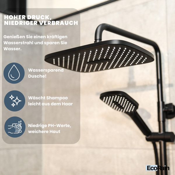 EcoRain 30% Wassersparender Regenduschkopf Mark 30 CM Rechteckig - Hoher Wasserdruck - Universeller Anschluss - Anti-Kalk Duschkopf - Schwarz