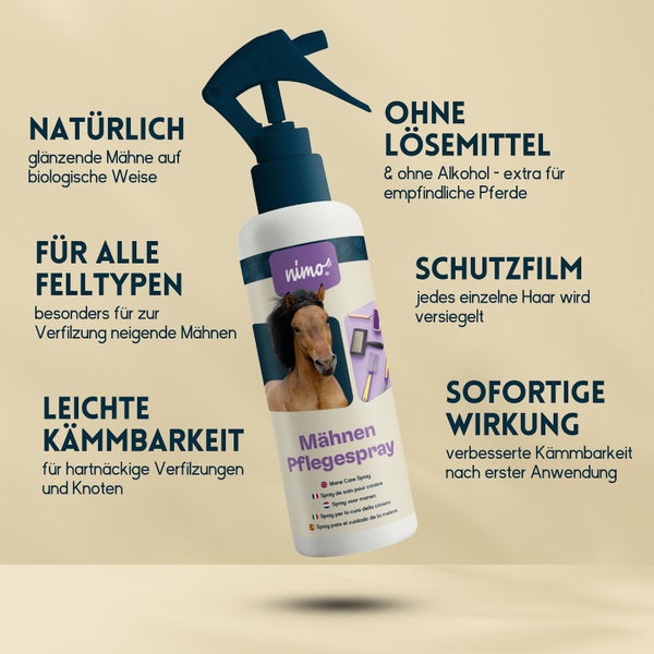 nimo® Mähnen Pflegespray • für leichtere Kämmbarkeit, Entwirrung und glänzende Mähne, Schweif