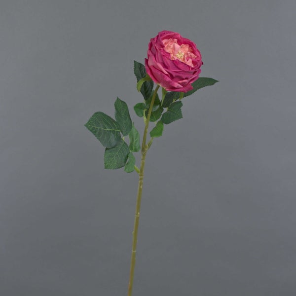 Künstliche Rose mit pinkfarbener Blüte und grünem Stiel mit Blättern.