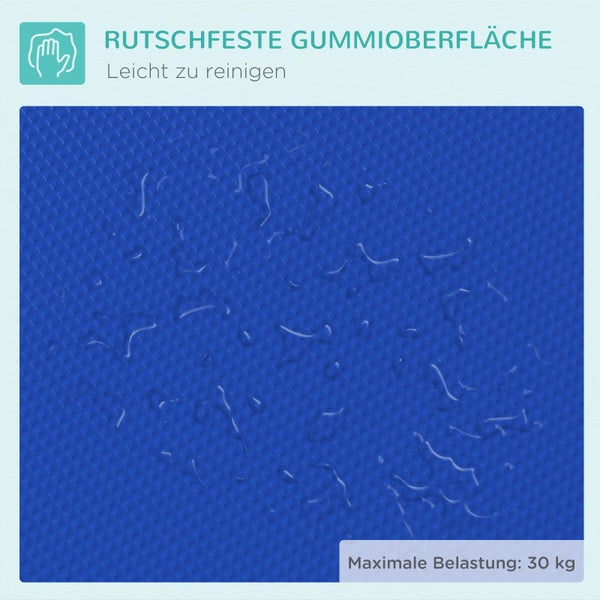 Blaue Gummioberfläche mit rutschfester Textur und Wassertropfen, maximale Belastung 30 Kilogramm.
