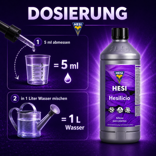 Anleitung zur Dosierung von Hesi Hesilicio Pflanzendünger: 5 Milliliter in 1 Liter Wasser mischen, mit Hesi Logo.