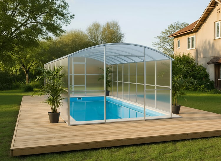 Poolüberdachung auf einer Holzterrasse im Garten