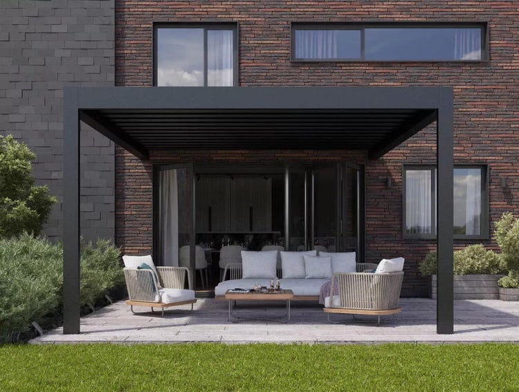 Elektrische Lamellen-Pergola 300x300 cm – Wandmontage, Aluminium, motorisiert