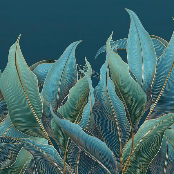 Vliestapete mit stilisierten Blättern und detaillierten Blattadern im botanischen Stil.