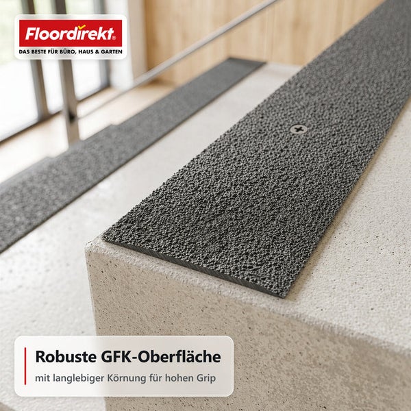 Floordirekt Logo, Treppenkantenprofil aus glasfaserverstärktem Kunststoff mit rutschhemmender Körnung zur Befestigung auf Betontreppenstufen.