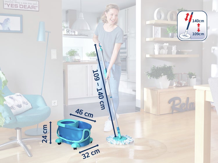 Leifheit Set Clean Twist Disc Mop Ergo 2.0 mit Rollwagen, Bodenwischer mit Mikrofaser Bezug für nebelfeuchte Reinigung auf Fliesen und Laminat, Wischmopp mit Click-System und Schleudertechnologie