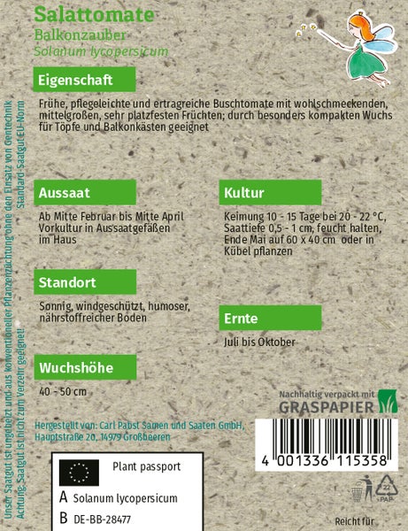 Rückseite einer Samentüte für Salattomate Balkonzauber aus Graspapier mit Informationen zu Aussaat, Standort, Wuchshöhe, Kultur und Erntezeitraum.