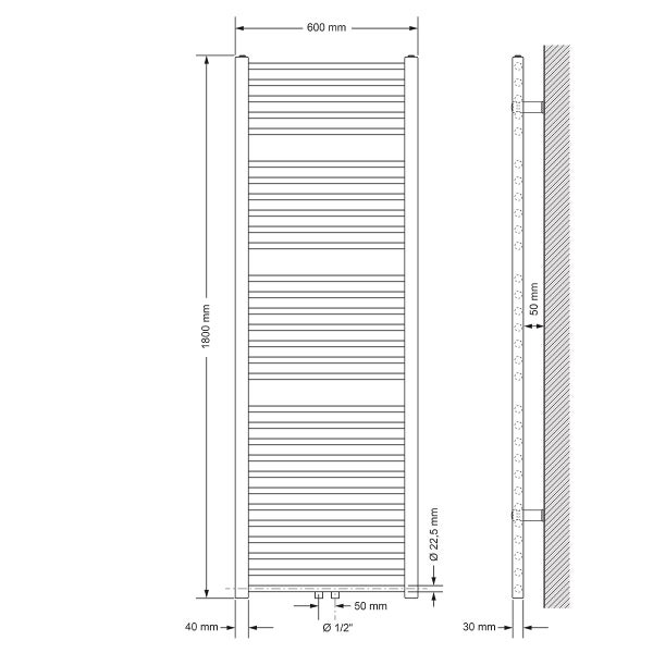 ECD Germany Badheizkörper Mittelanschluss 600 x 1800 mm Anthrazit gerade mit Thermostat und Anschlussgarnitur Universal Eck- und Durchgangsform - Heizkörper Heizung Handtuchwärmer Handtuchtrockner
